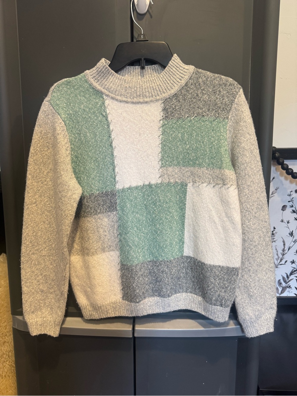 Alfred Dunner Mint and Gray Patchwork Knit Sweater